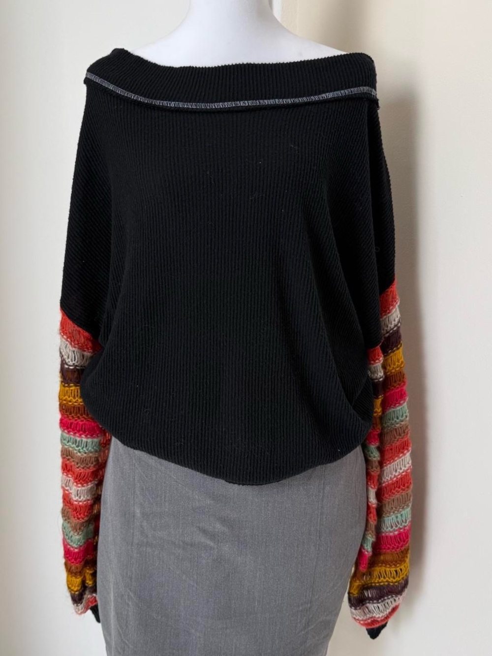 We The Free Black Off-Shoulder Sweater with Multicolor Crochet Sleeves